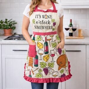 Wine O’Clock Somewhere Cotton Bib Apron Pantry Wine Print Ruffle